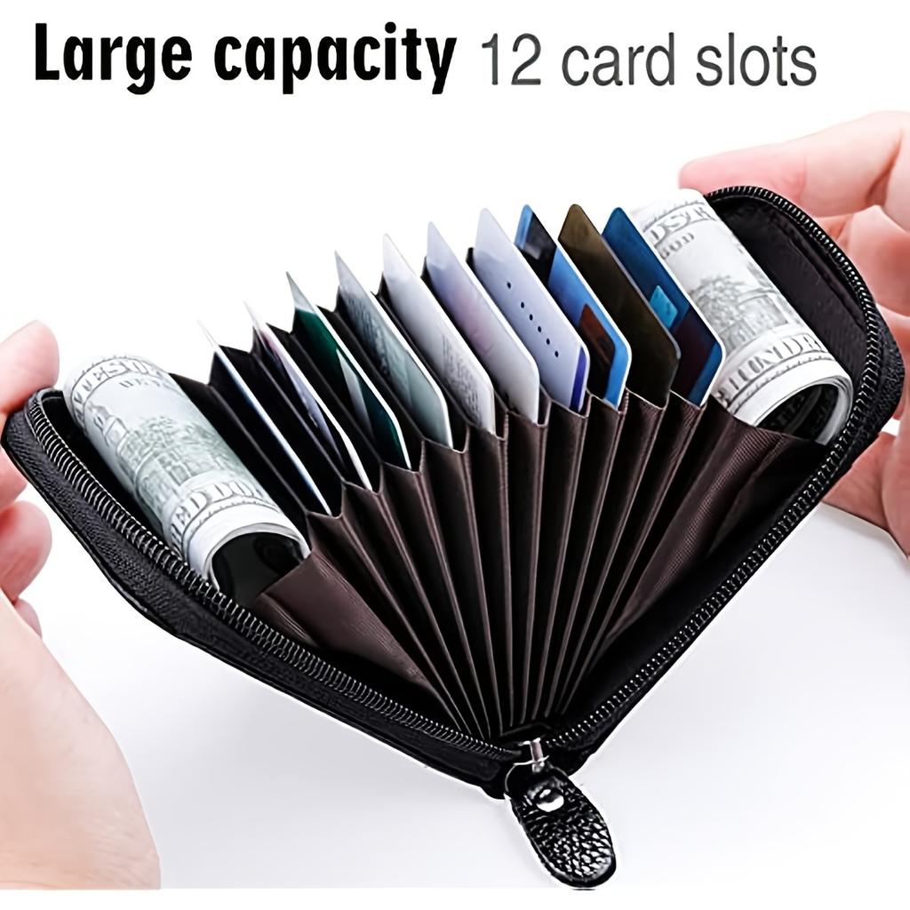Credit Card Wallet with 12 Card Holder for Men Women Ladies Walletsipper, Genuine Leather Anti-Theft Credit