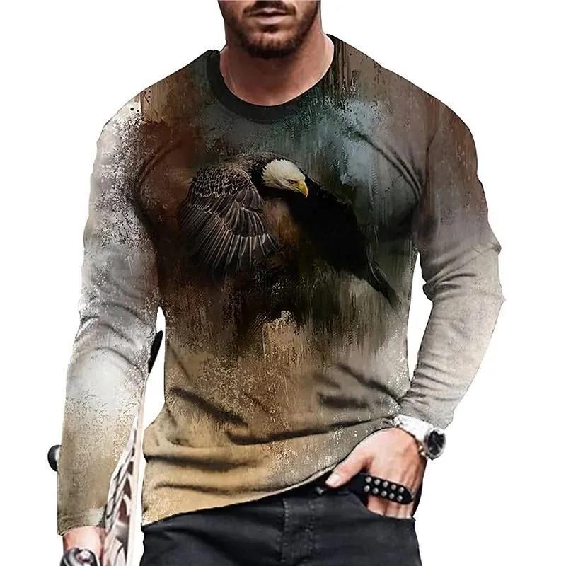 2023 Autumn Plus Size O-Neck Long Sleeve T-shirt Men's Clothing Men's T-shirt 3D Animal Print Top Casual Street Vintage T-shirt