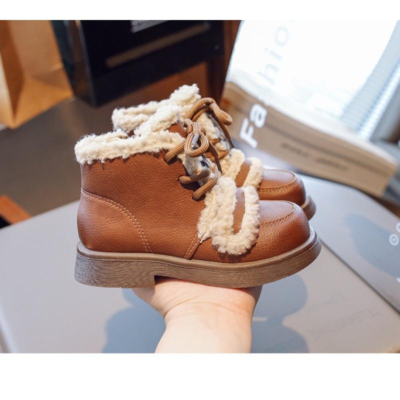 Girls Korean Version Plus Velvet and Thick Lamb Wool To Keep Warm Winter New Big Boys Leather Boots Tide