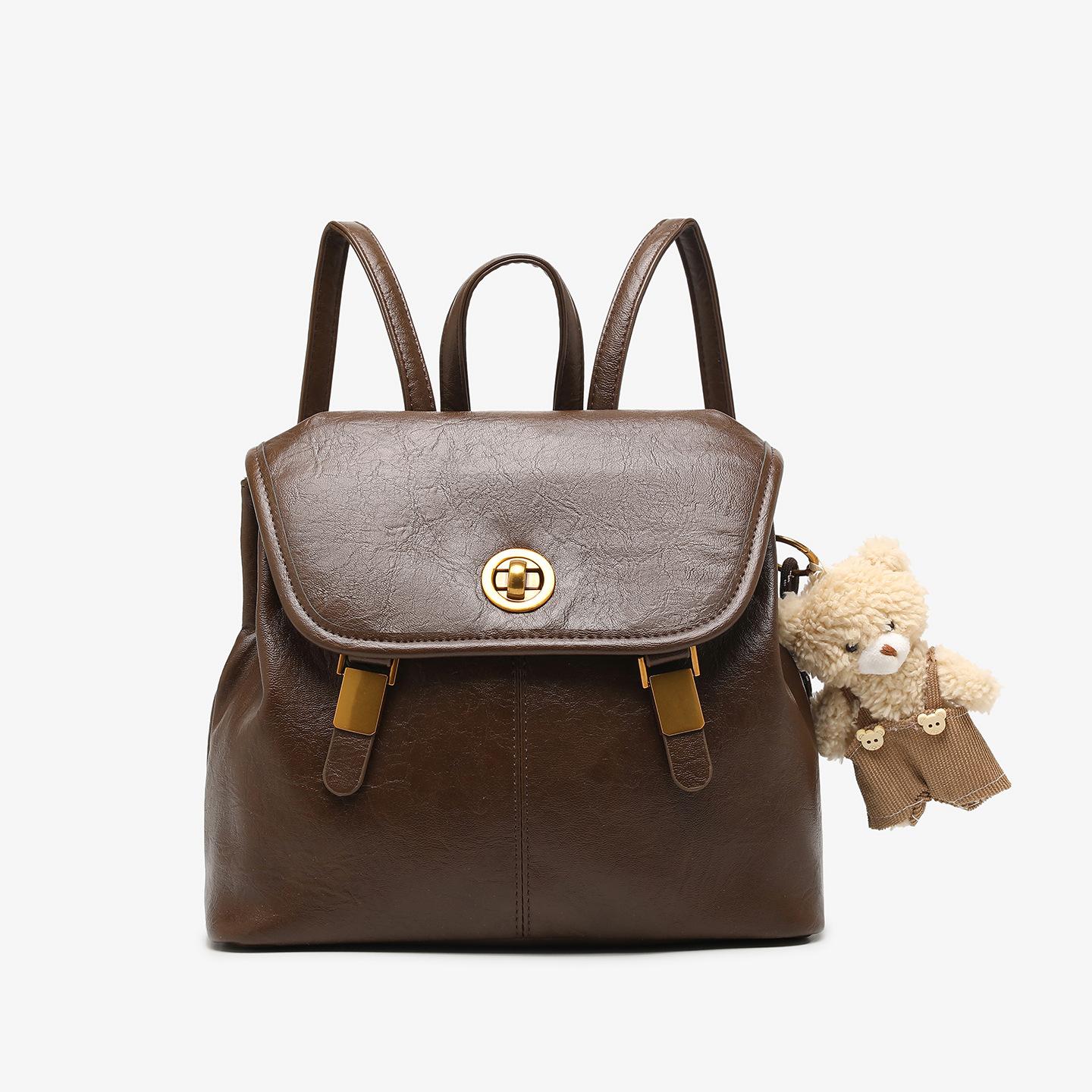 2026 New Fashion Women s Backpack, Oil Wax Leather Elegant Women s Bag, College Style Backpack with Bear Pendant коричневый