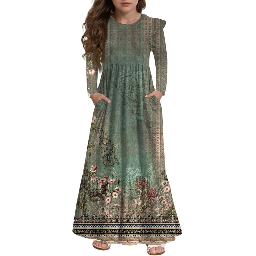 Girls' Tiered Ruffle Dress - Long Sleeve Printed Maxi With Pockets