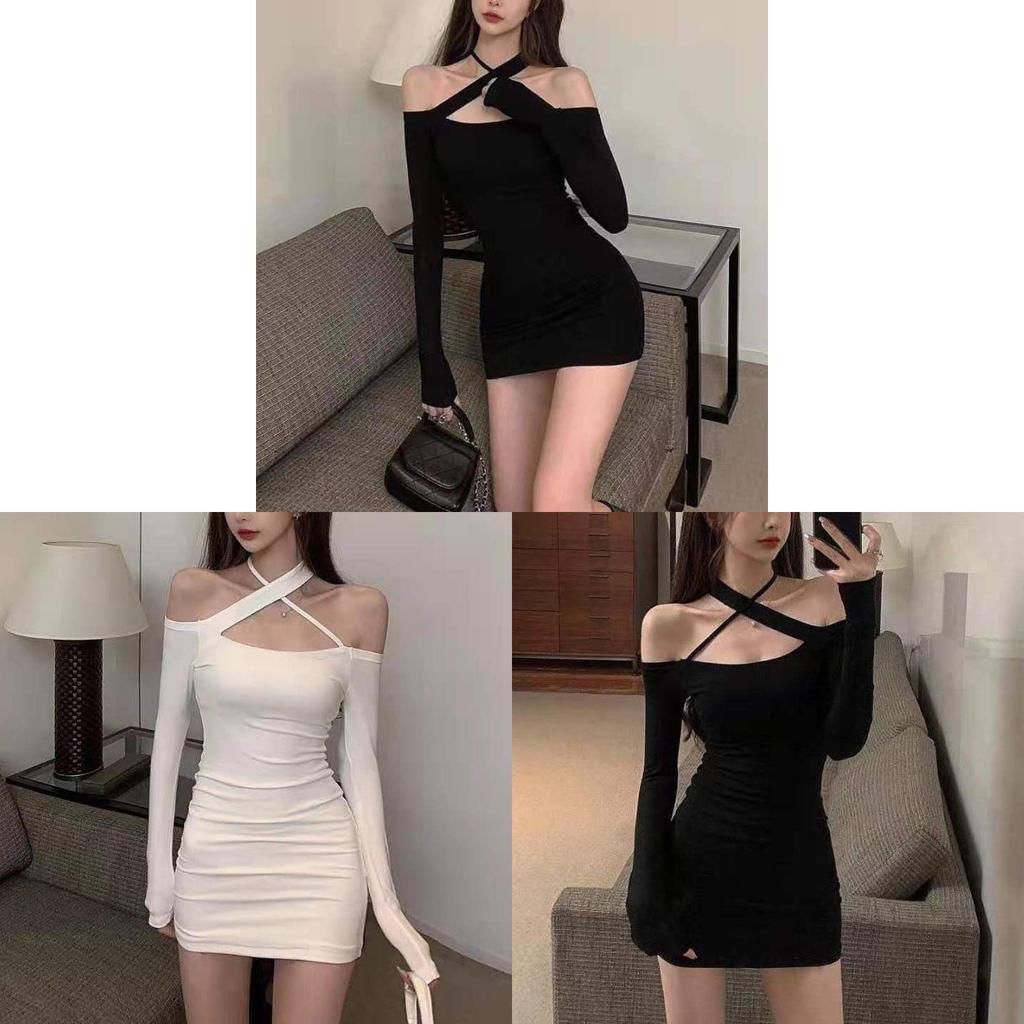 Plain Color Off Shoulder Long Sleeve Dress With High Waist For Office And Casual Wear