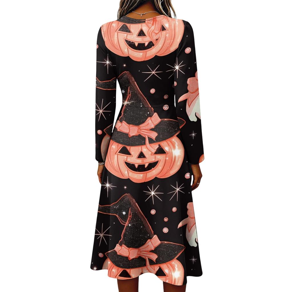 Women's Casual Halloween Print Long Sleeve V-Neck Dress with Pockets