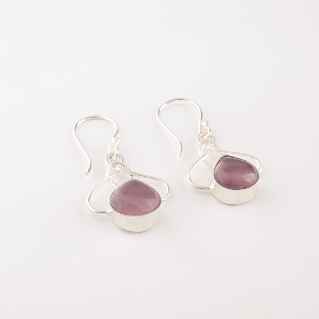 Purple Cat's Eye Gemstone 925 Stamped Silver Jewelry Handcrafted Earrings 1.50" EE-2-47