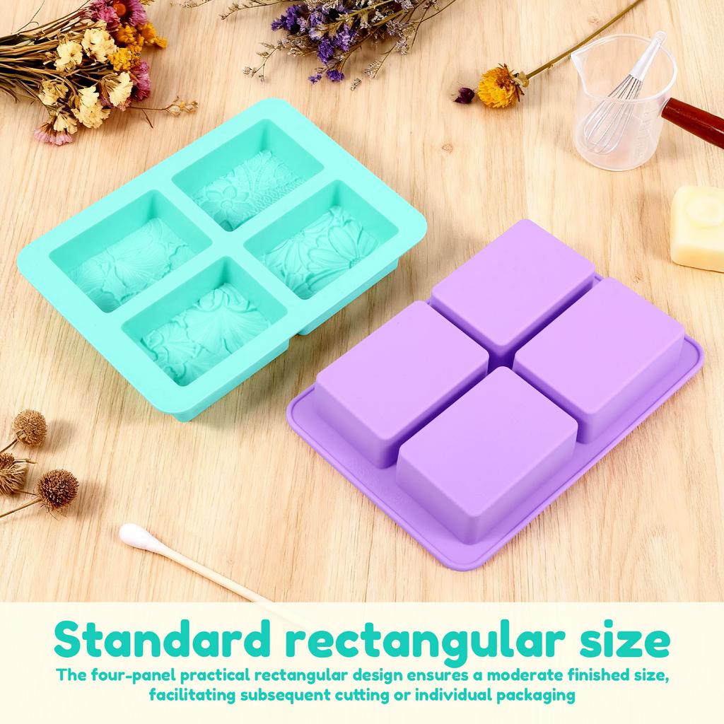2Pcs Silicone Soap Molds 4 Cavity Rectangle Soap Mold Flower Pattern Chocolate Making Tool for Chocolate Candle Jelly Resin