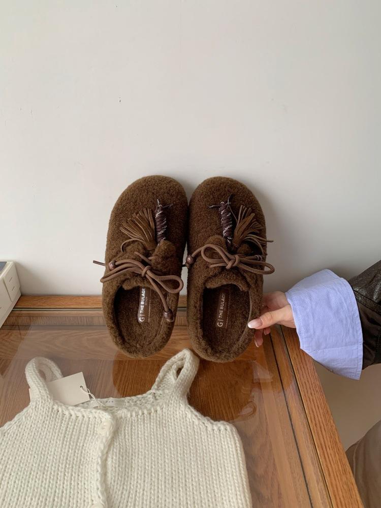 Huge Good-looking Baotou Fluffy Half Slippers Women's Inner Height Increases by 25 Autumn and Winter New Plush Warm Fringed Women's Shoes