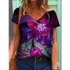 Summer V-neck Butterfly Flower Pattern 3D Printed Top Fashionable Casual Short Sleeved Women's T-shirts