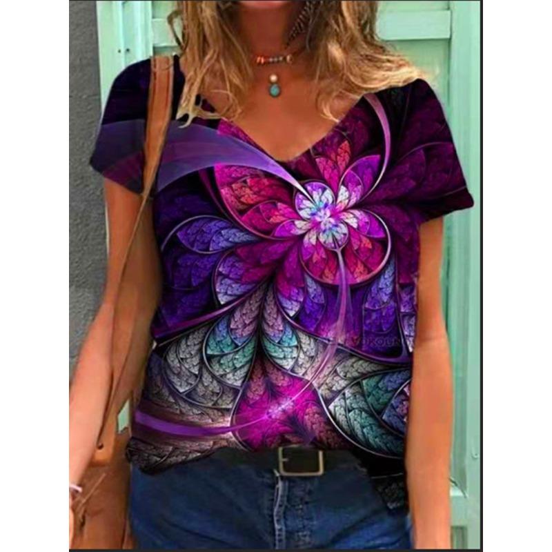 Summer V-neck Butterfly Flower Pattern 3D Printed Top Fashionable Casual Short Sleeved Women's T-shirts