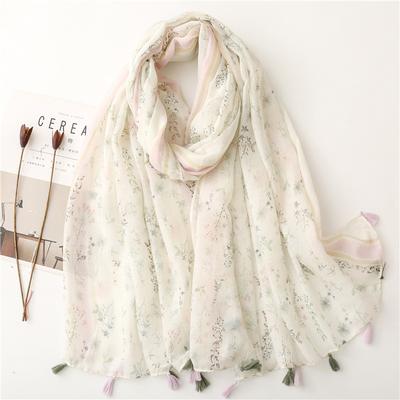 Four Seasons Fresh Plain Bali Yarn Cotton And Hemp Texture Scarf Women'S White Small Fragrant Flower Printed Tassel Silk Scarf Shawl