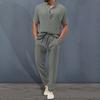 2Pcs/Set Men Summer Outfit Stand Collar Buttons Neckline Short Sleeve T-shirt Elastic Waist Drawstring Pockets Long Pants Set