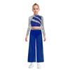 Kids Girls Dance Costume Two-Piece Set Mock Neck Long-Sleeved Sequins Cutout Back Press Button Crop Top with Flowing Chiffon Overlay Wide-Leg Side Sli