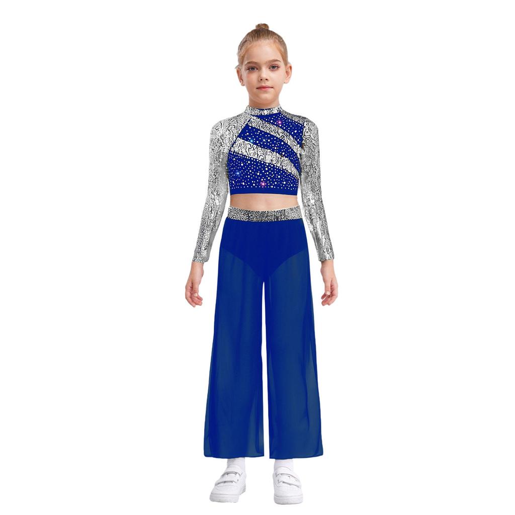 Kids Girls Dance Costume Two-Piece Set Mock Neck Long-Sleeved Sequins Cutout Back Press Button Crop Top with Flowing Chiffon Overlay Wide-Leg Side Sli