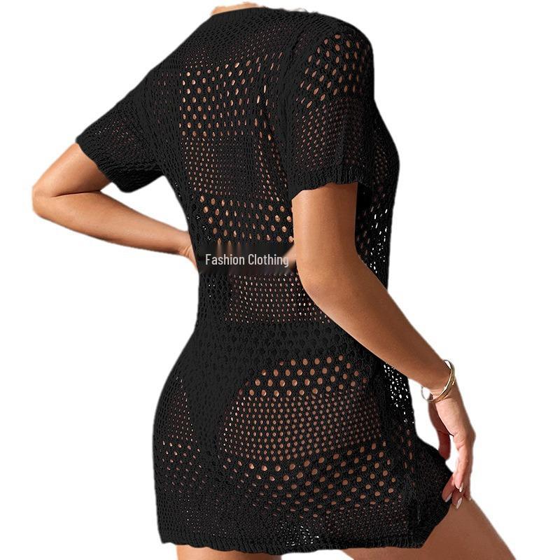 European & American Women's Sexy Hollow Short-Sleeve Bikini Cover-Up Sun Shirt