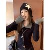 Striped Stitching Fashionable Lapel T-shirt for Women Autumn New Slim Long-sleeved Top