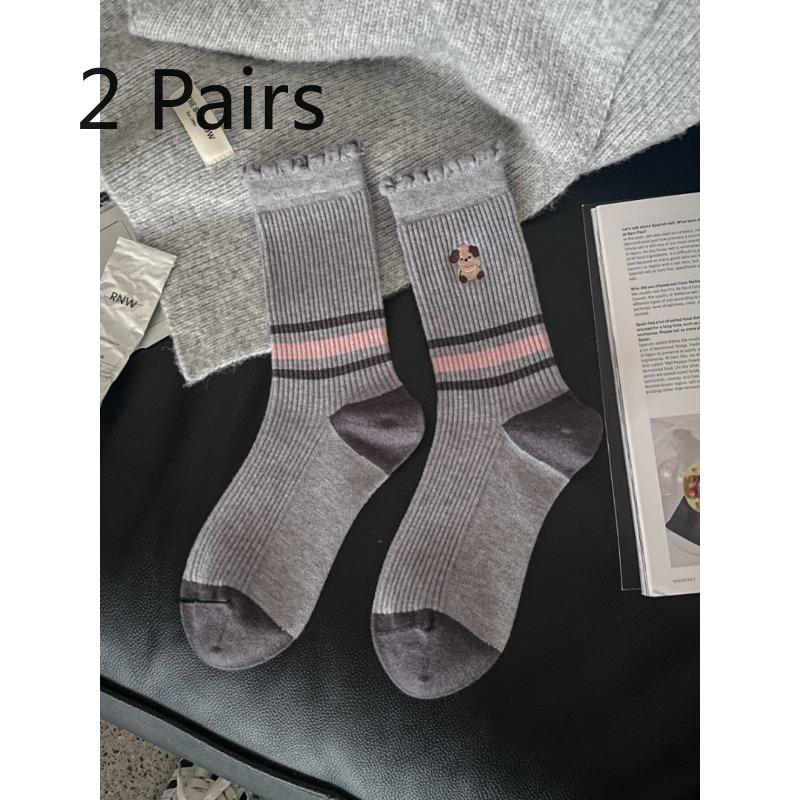 2 Pairs of Mid-calf Socks - Women's Fall/winter Imitation Cashmere Socks - Women's Striped Fashionable Embroidered Sausage Dog Pile Socks - Long Socks