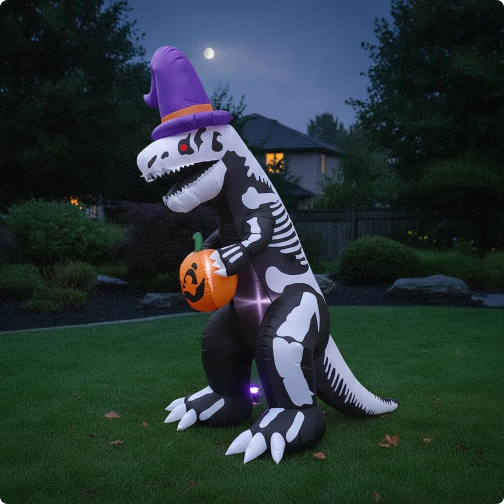 Inflatable Dinosaur with Pumpkin Builtin LED Lights Halloween Yard Decoration for Garden