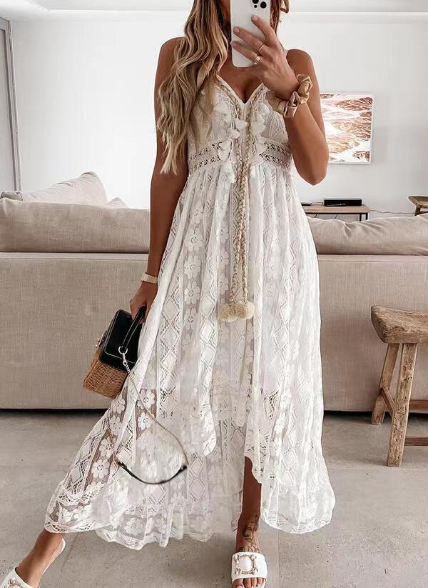 Elegant Satin Long Dress With V Neck For Summer Beach And Casual Wear