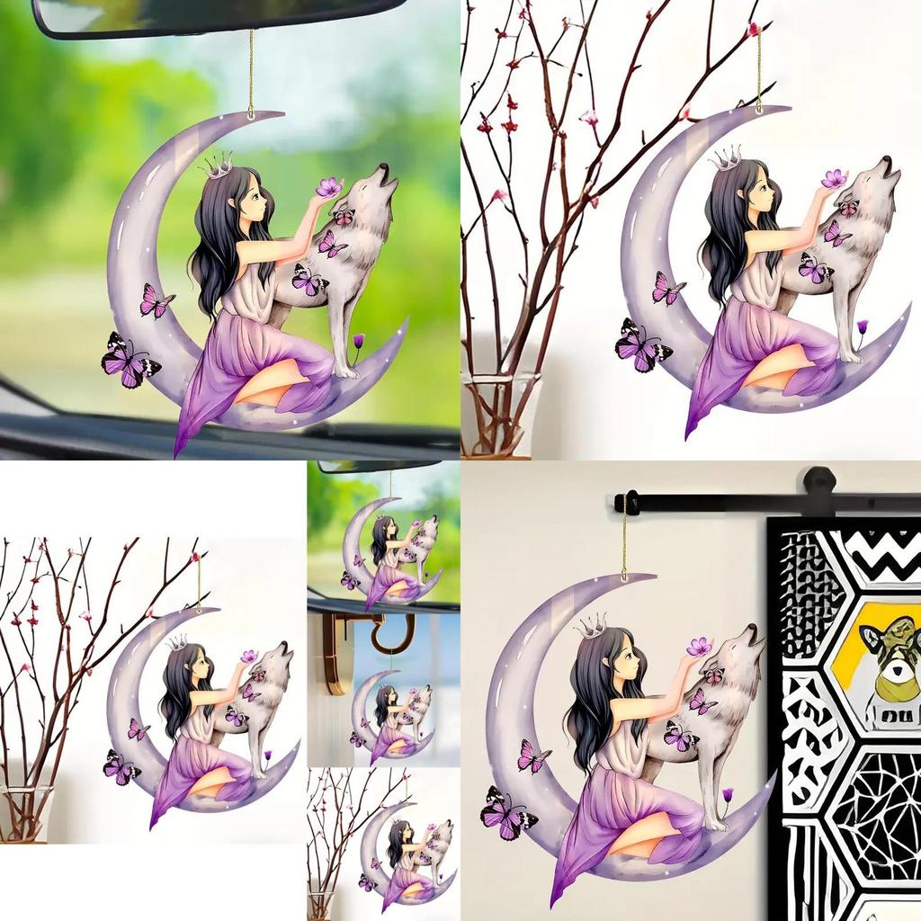 Bunter Acryl Cartoon Floral Mond Mädchen Wolf Schmetterling Autoanhänger Für Einzigartigen Auto-Stil