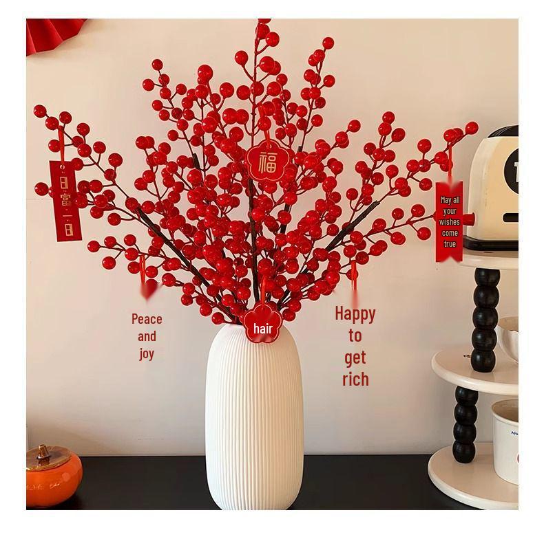 Winterberry Red Berries Artificial Flower Arrangement - New Year Housewarming Decoration for Living Room Ornaments