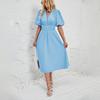 Summer Women Strapless Pleated Dress Solid Short Sleeve Ankle-Length Fashion