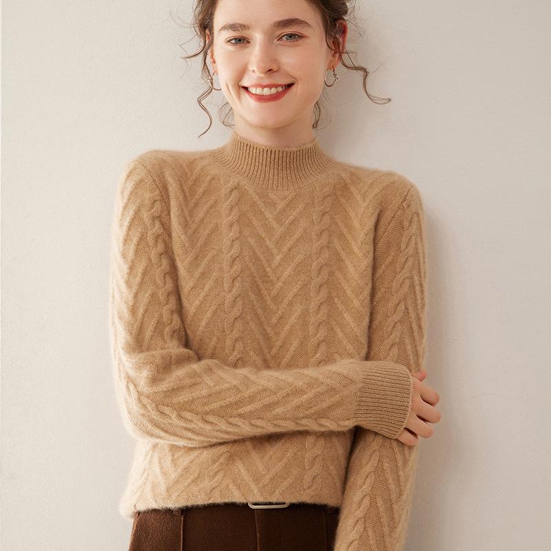 Women's Thickened Cable Knit Cashmere Sweater - Half-High Neck, Loose Fit, Solid Color, Perfect for Autumn and Winter.