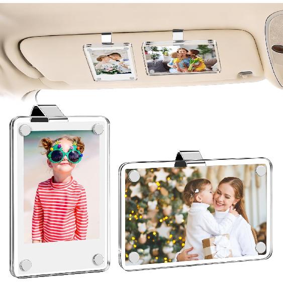 SUNEZLGO 2 Pack Car Picture Holder and Visor Photo Clip, Car Accessories, Acrylic Magnetic Car Photo Holder, Easy Install Universal Fit, Personalized