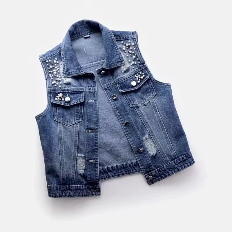 Women Denim Vest Pearls Spring Autumn Jeans Jacket Sleeveless Loose Short Coat Waistcoats Streetwear Female