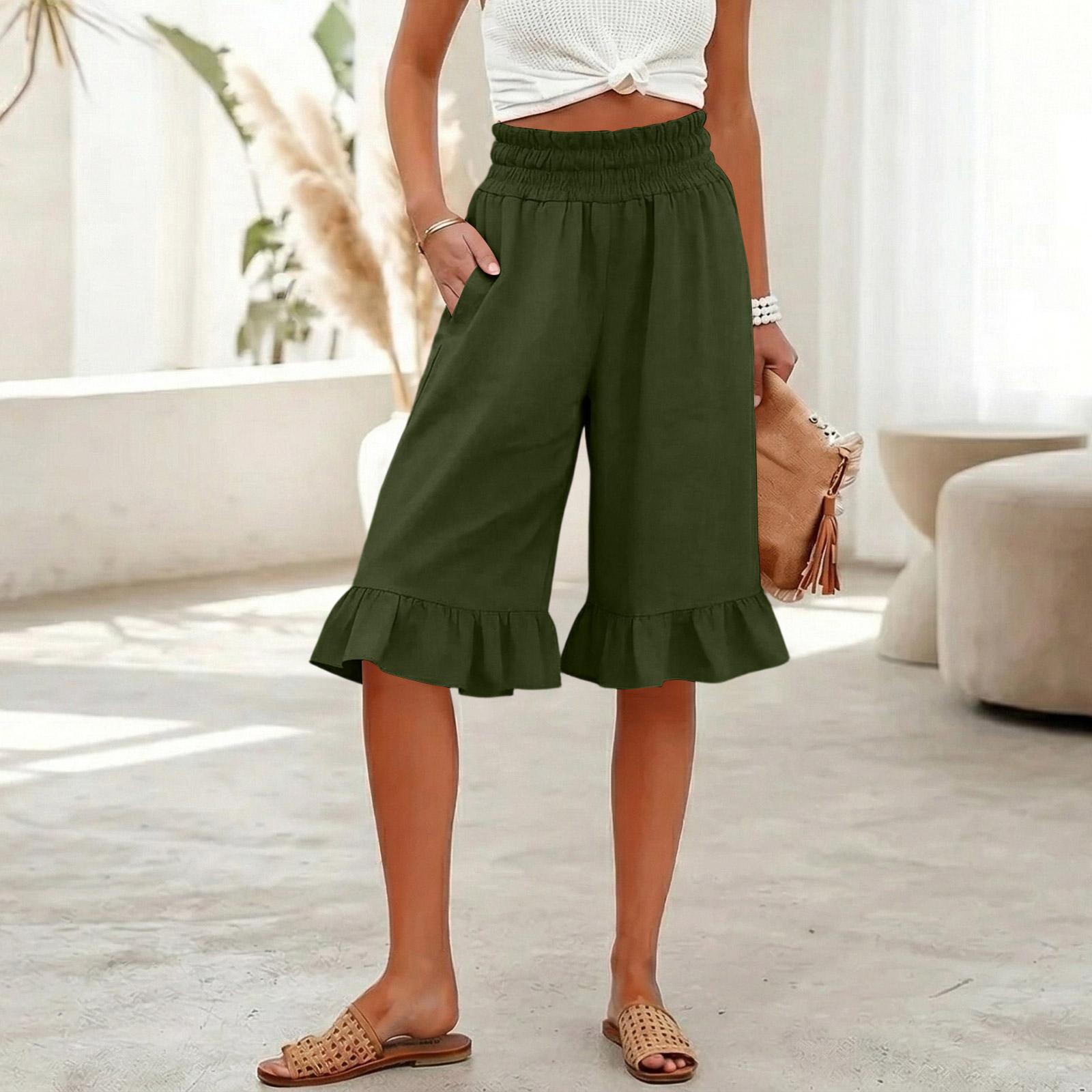 

Womens Palazzo Pants Summer Casual Flowy Wide Leg Trousers Beach Travel Vacation Outfits L армия зеленый