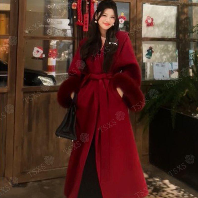 2025 Autumn/Winter Korean Style Woolen Coat with Fur Sleeves - Petite Long Design M (101-120 jin)