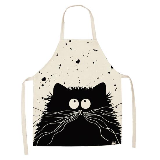 Lovely Cat Pattern Apron Breathable Good Woven Cotton Flax Cooking Apron for Home L 4