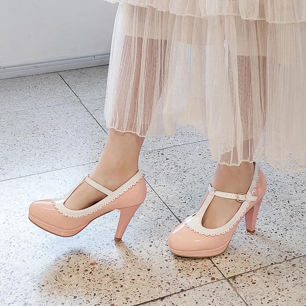 Fashion Spring Vintage T Strap Mary Janes Shoes For Women Blue Patent Leather Platform Pumps Female Ladies Footwear Sandalias De Mujer