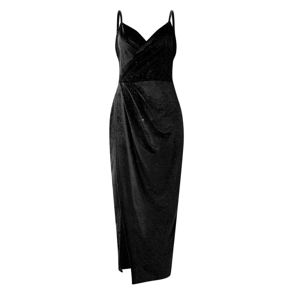 Women's Sleeveless Strap Wrap V Neck  Ruched Slit Party Cocktail Midi Glitter Dress