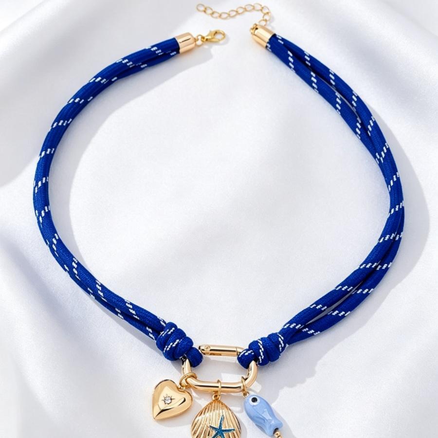 Boho Ocean Braided Cord Necklace - Blue Enamel Starfish & Seahorse Pendant Choker Summer Beach Y2K Jewelry For Women