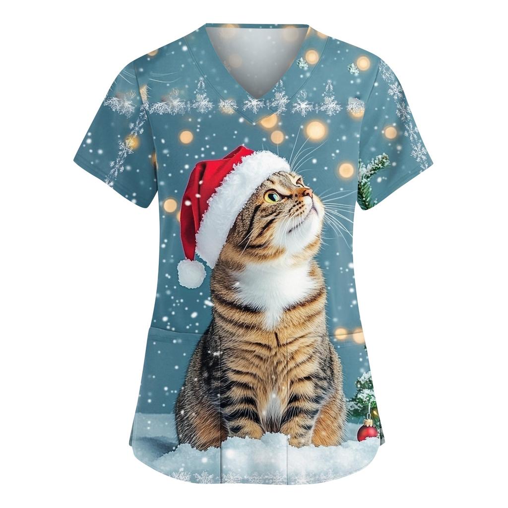 Damen Modische V-Ausschnitt Arbeitskleidung Weihnachten Bedruckt Kurzärmlig Tasche Seitenschlitz Arbeitskleidung Basic Pullover Top