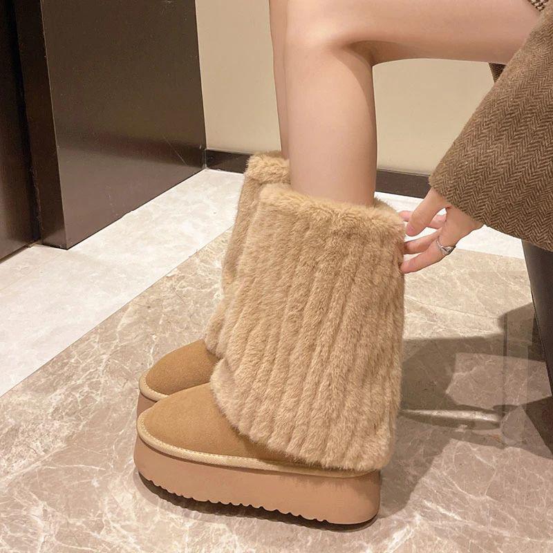 Plus Size Wide Women's Thick Sole Snow Boots, Winter Fleece Mid-Calf, Sizes 35-43.
