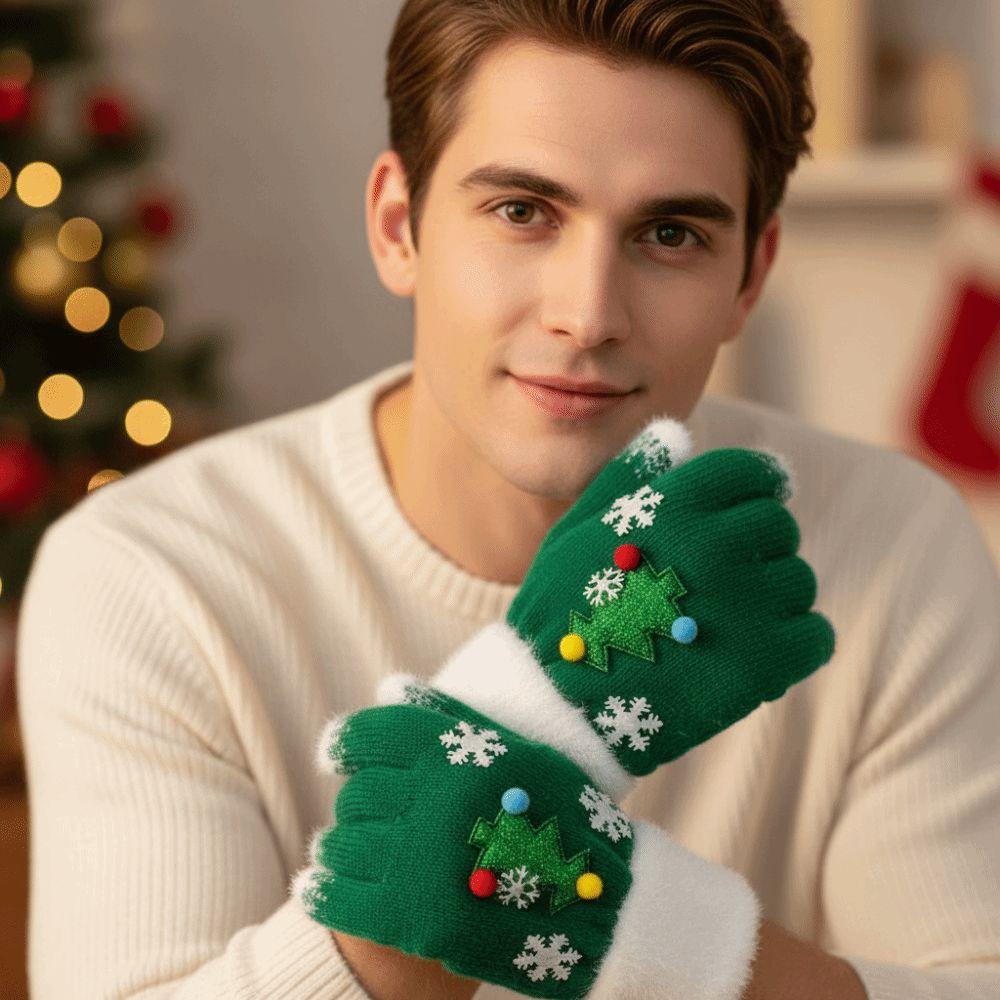 Red Green Winter Knit Mittens Knitted Woolen Full Finger Gloves Christmas Gloves  Party Wear