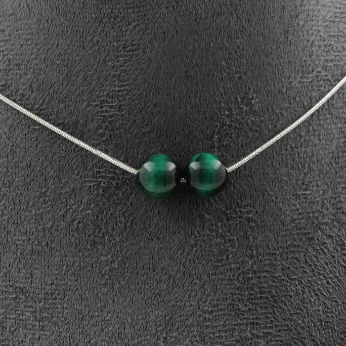 Collier - ABIJOUX - Oeil de Tigre vert - 2 perles 8 mm - Acier inoxydable - 45 cm