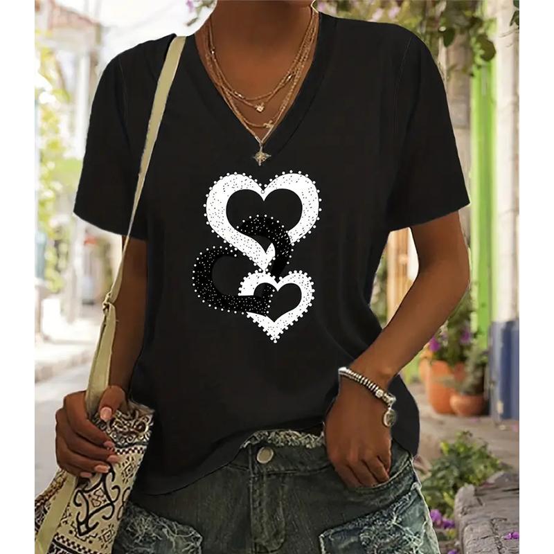

Fashion Love Pattern Painting Blouses Short Sleeved V-Neck T Shirts Casual XS чорний