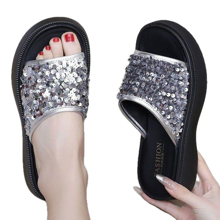 Summer platform slippers women's 2025 new cool slippers women's muffin sequins wear beach fashion word sandals