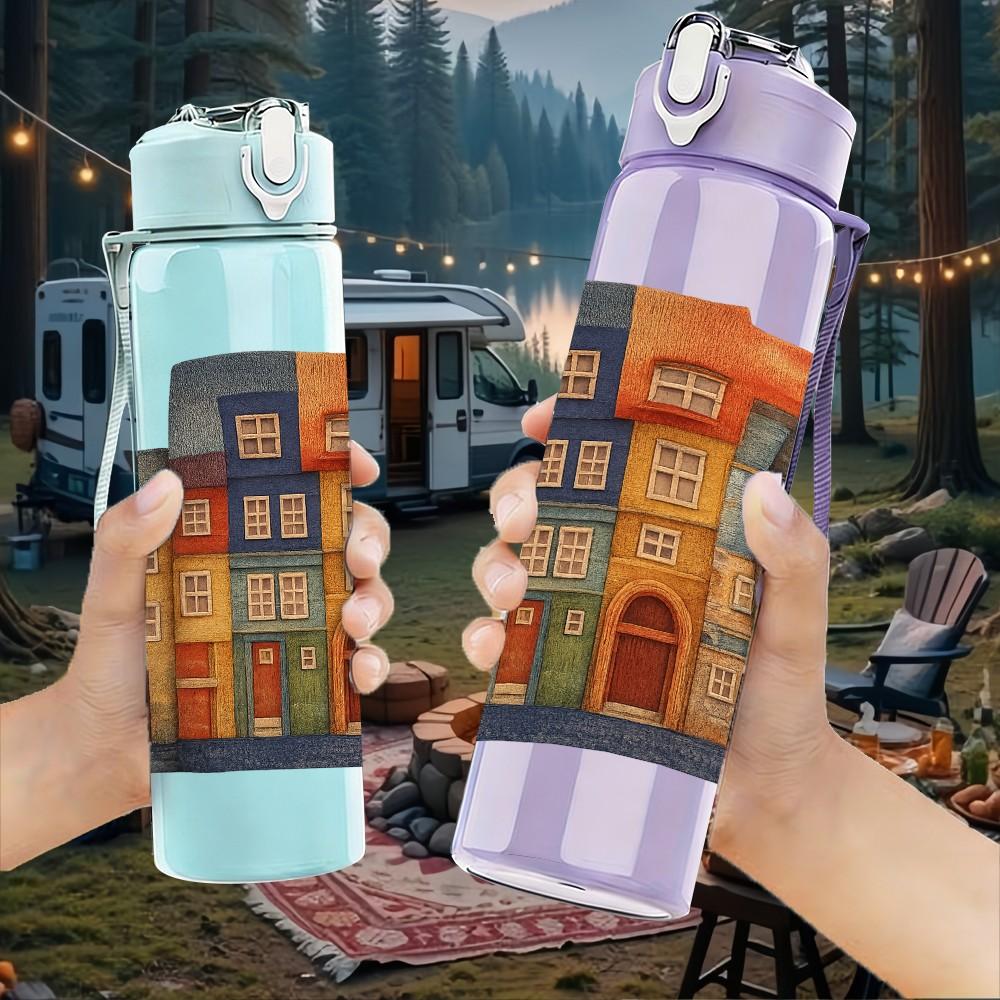 1PC Old Colorful European Town House Print 750ml Color Plastic Sports Water Bottle Leakproof Flip Straw Lid Suitable for Sports Office Home Use