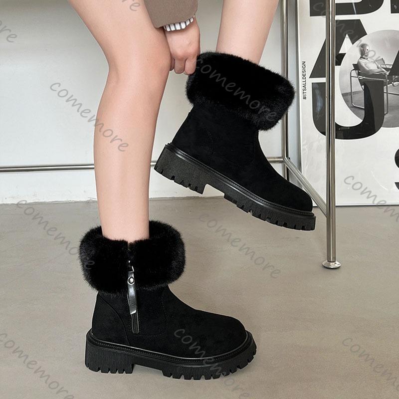 Comemore Fur Padded Thick-soled Snow Boots Women's 2025 New Winter Warm Cotton Shoes Casual Middle Heel Side Zipper Female Botas