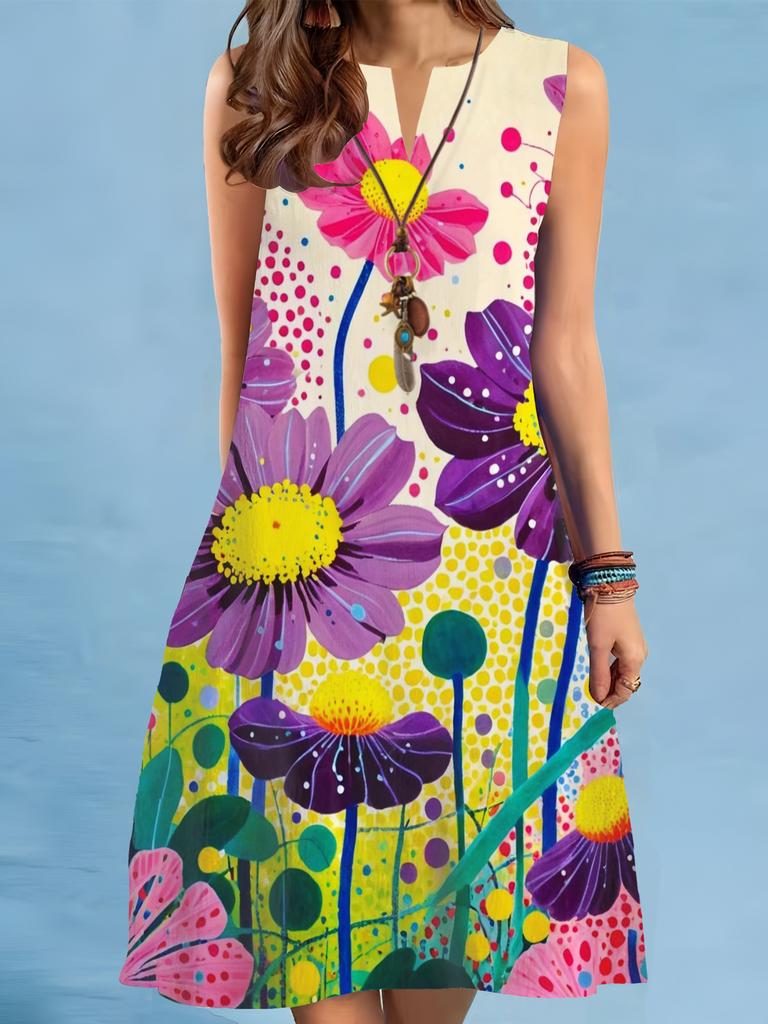 Summer Beach Floral Print Dress For Women Casual Sexy Sleeveless V-neck Loose Mini Dress Elegant Woman Short Dress Vestidos