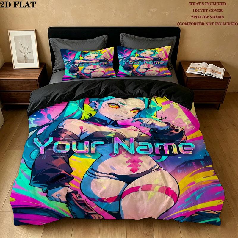 Cyberpunk Edgerunner Custom Name Pattern Bedding Quilt Set Quilt Cover Pillowcase Home Gift(1 * duvet cover + 2 * pillowcase, without core)