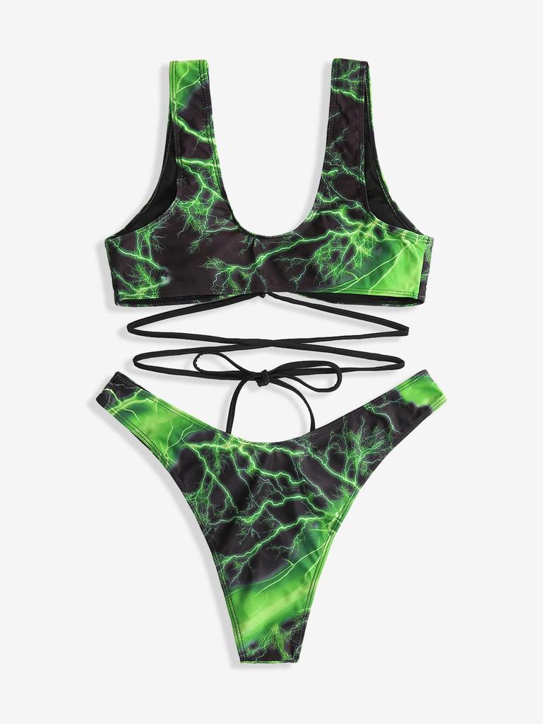 Rosegal Gothic Skulls Lightning Ombre Graphic Print Crisscross Strappy High Cut Bikini Set