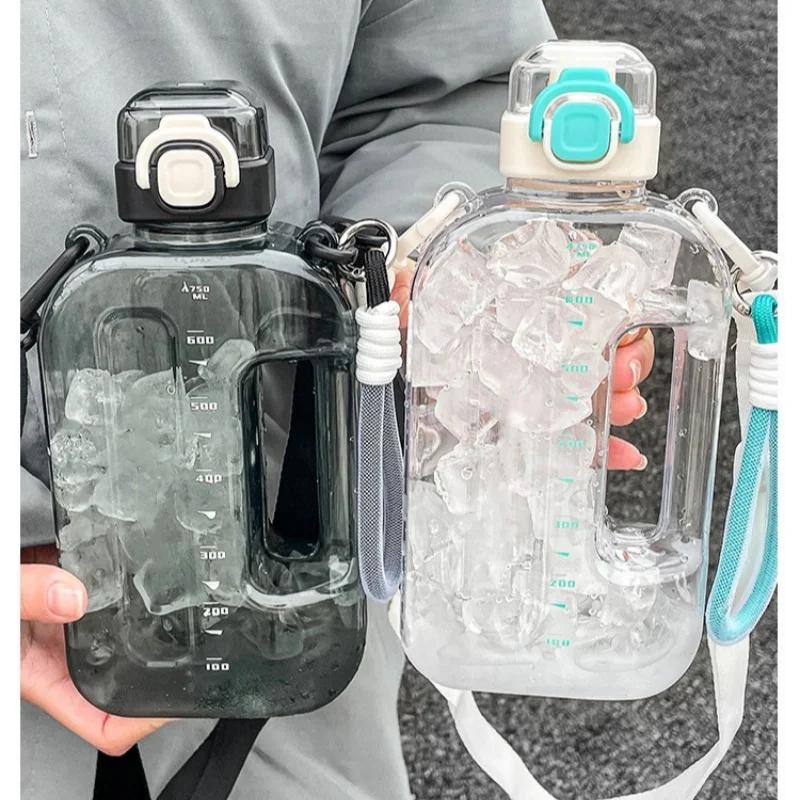 1Pcs Flat Square Transparent Water Bottle Portable Travel Canteen With Adjustable Strap Elegant Slim Bottle For Sport Camping