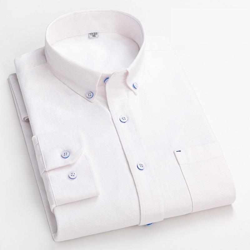 New Pure Cotton Business Men Oxford Shirt Long Sleeve Casual Plaid Striped with Chest Pocket Non-iron Autumn Spring