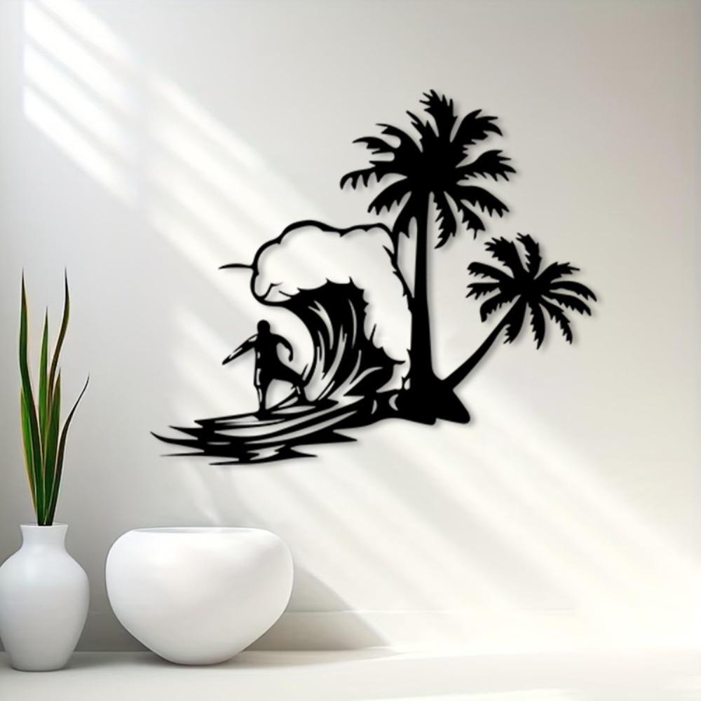 1 Stück Surfen Palme Metall Wandkunst Statue Wandbild für Tropisches Schlafzimmer Strand Terrasse Sommer Dekor Geschenk Küstenliebhaber Rostbeständig