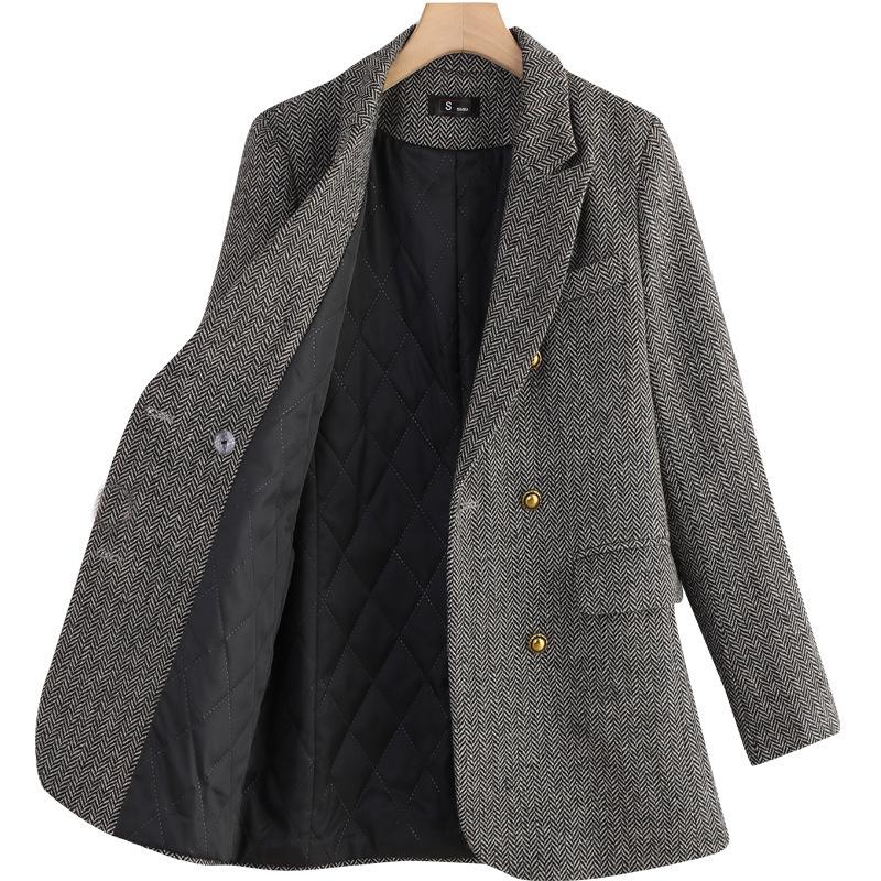 Women's Coffee-Colored Wool Blend Suit Jacket - Winter 2025, Padded, Thick, Loose Fit, Large Size.
