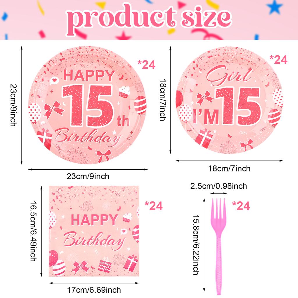 96 Pcs Pink 15Th Birthday Party Plates For Girls 15 Birthday Paper Plates Napkins Disposable Supplies Decorations Tableware Set F