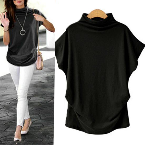 Summer Fashion Women Solid Color Loose Turtle Neck Short Sleeve T-Shirt Top